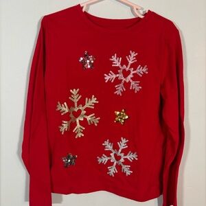 Wonder Nation Girls Red Snowflake Shirt Size 6-6X Sequin Holiday Long Sleeve